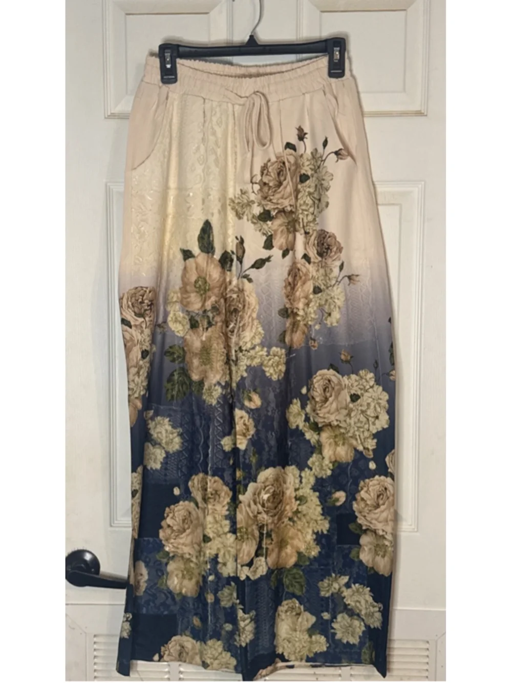 Origami Beige & Blue Floral Wide Leg Pants M - Picture 2 of 5
